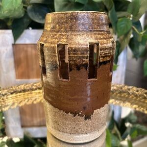 Small Handcrafted Brown Ceramic Vase candle holder art pottery piece